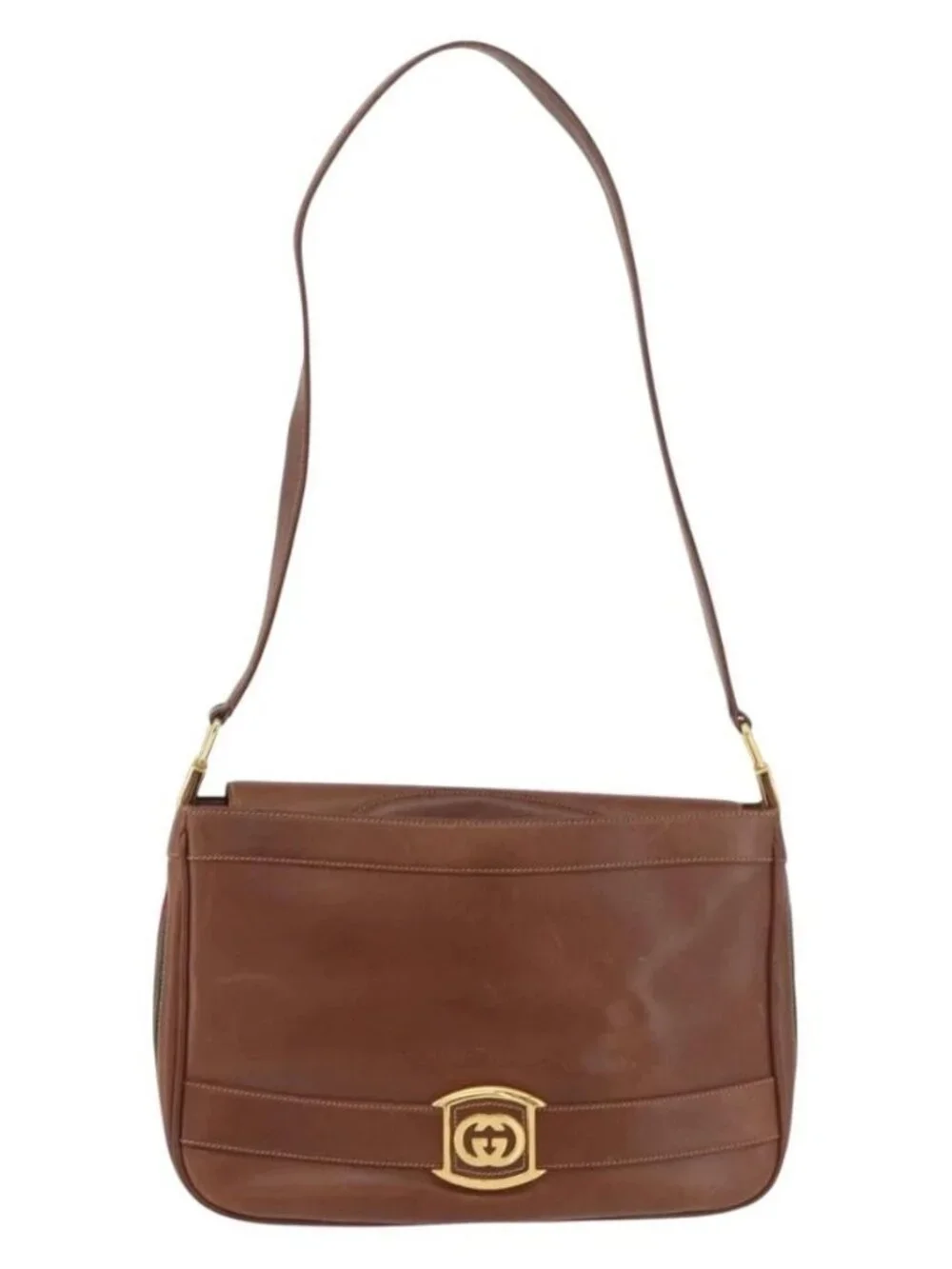 GUCCI Web Sherry Line Shoulder Bag Leather Old GUCCI Gold Brown Auth